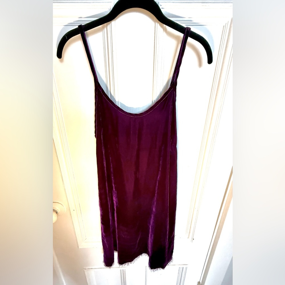 Love Tanjane Velvet Plum Spaghetti Strap Slip Dress, Raw hem, Size Small. NWT